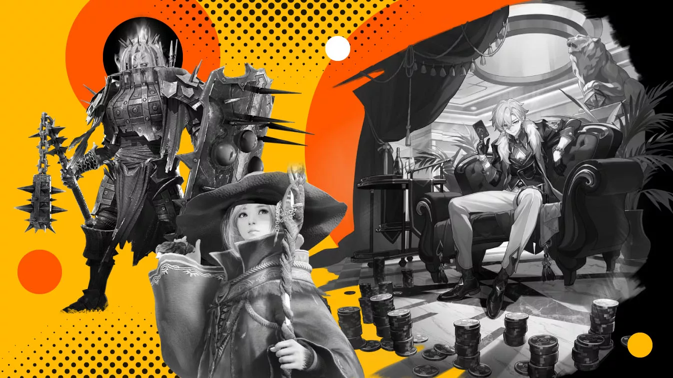 Greyscale image illustrating different characters from the top mobile RPG games